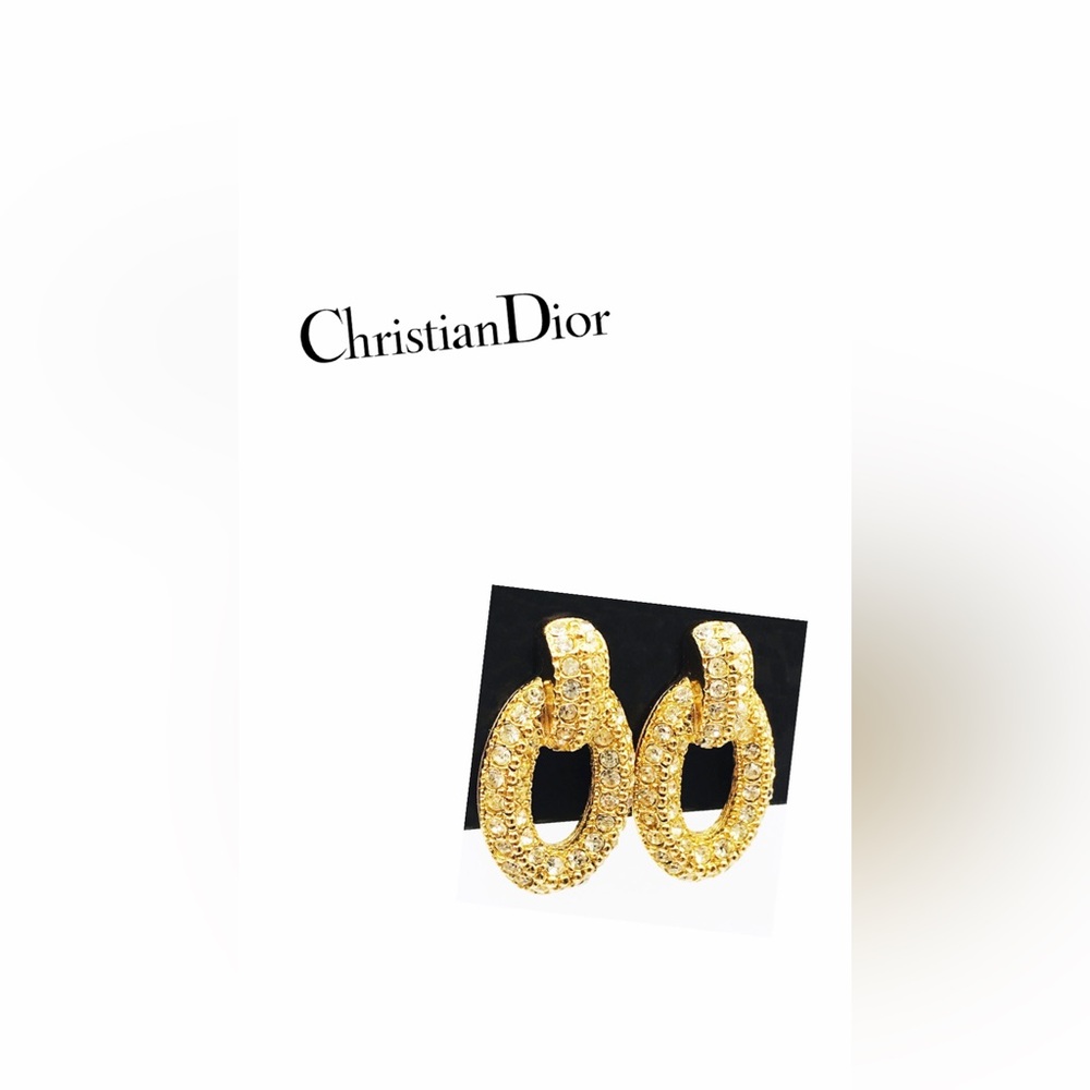 VINTAGE CHRISTIAN DIOR Signed Crystal Posts Oval Earrings 70's RARE - Picture 6 of 14